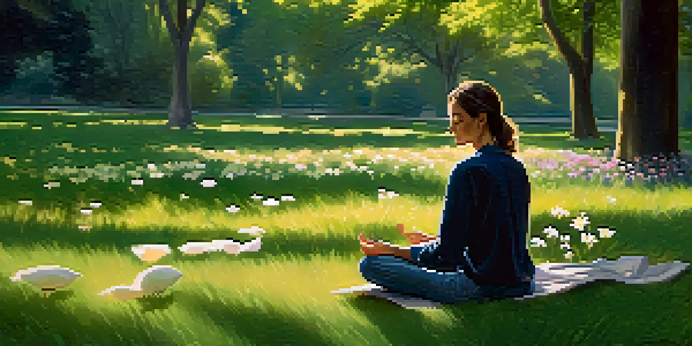 A person practicing mindful breathing in a tranquil park surrounded by flowers and trees, with soft sunlight filtering through the leaves.