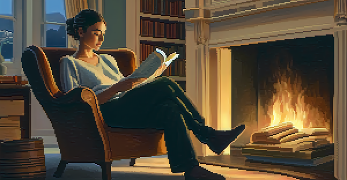 A person reading a book by a fireplace, wrapped in a blanket with a cup of tea.
