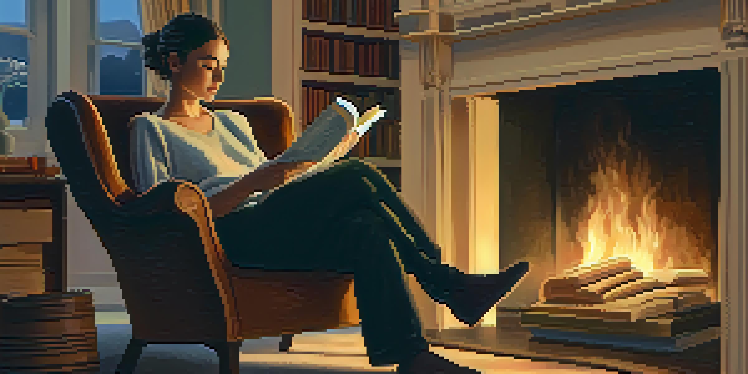 A person reading a book by a fireplace, wrapped in a blanket with a cup of tea.