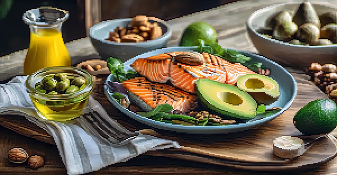A plate of healthy foods including avocados, walnuts, olive oil, and salmon, set on a rustic wooden table with natural light.