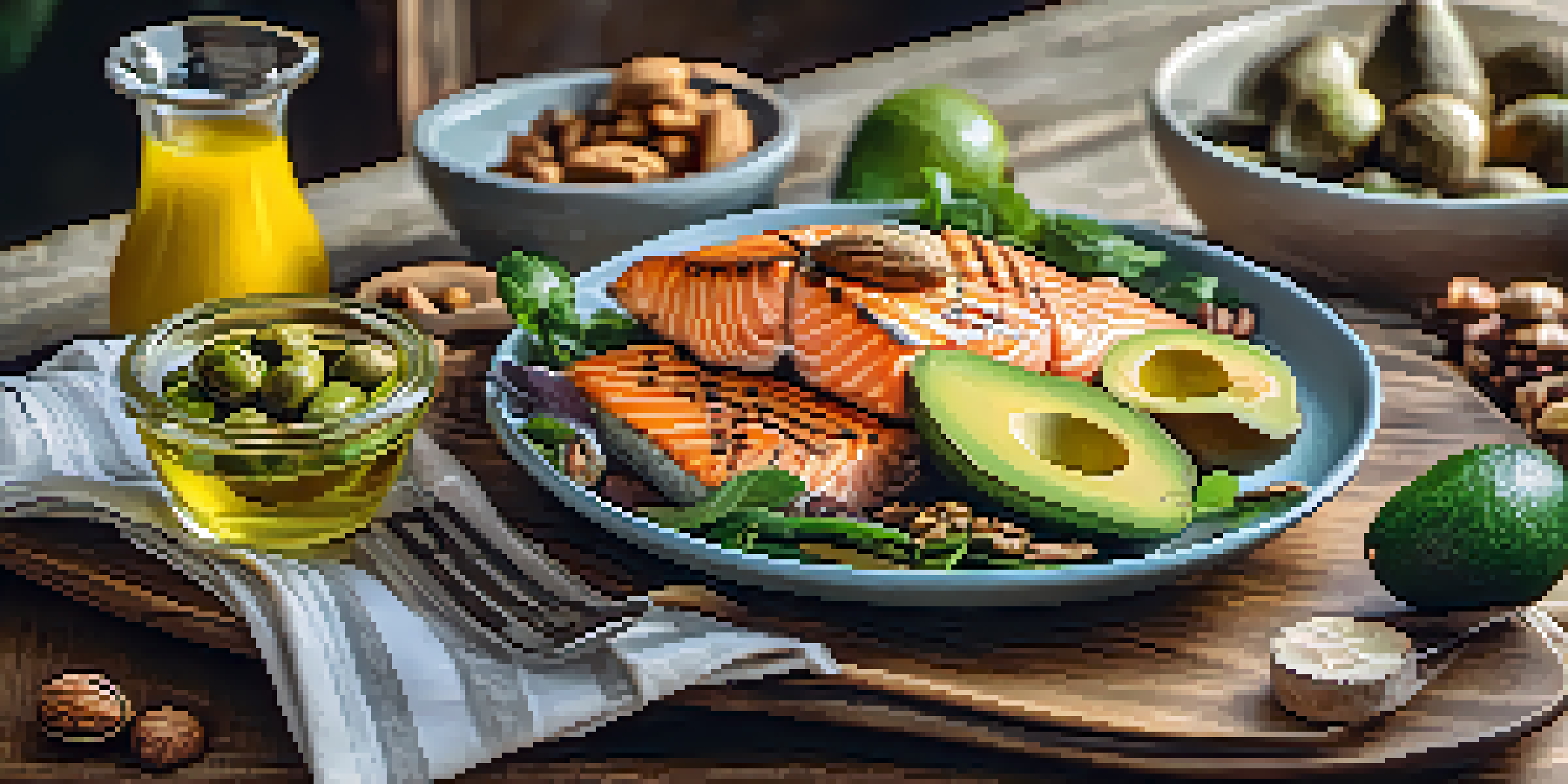 A plate of healthy foods including avocados, walnuts, olive oil, and salmon, set on a rustic wooden table with natural light.