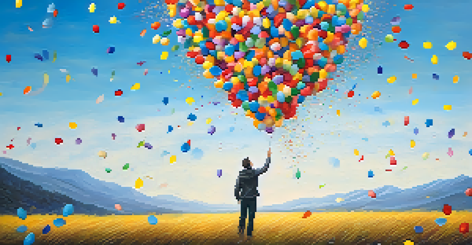 A person holding a colorful balloon symbolizing forgiveness, set against a soft, uplifting landscape.