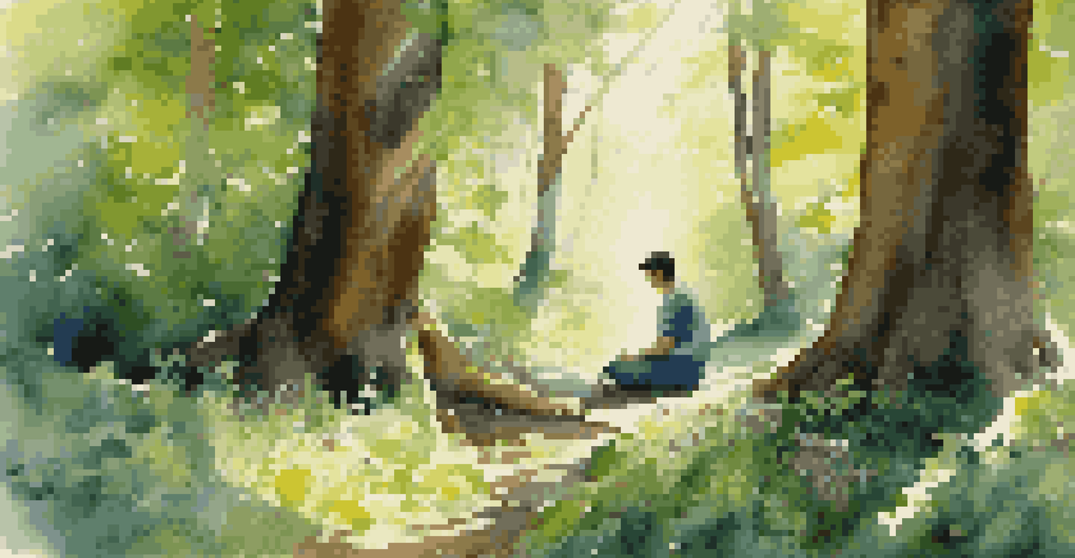 A person meditating in a serene forest with sunlight through the leaves and colorful flowers around them.
