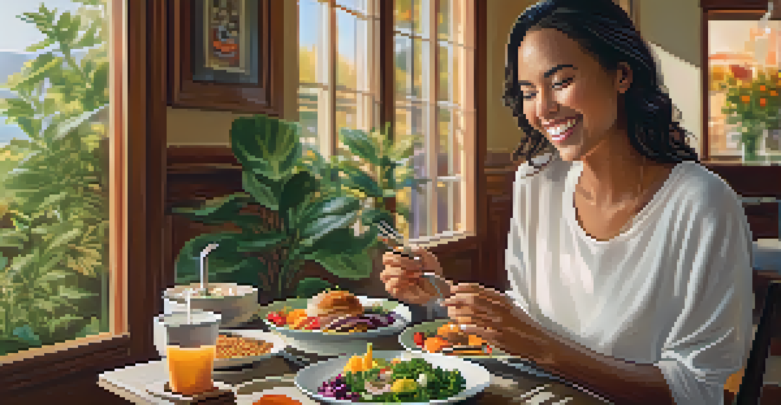 A person sitting at a table, enjoying a healthy meal with a smile in a cozy dining area.