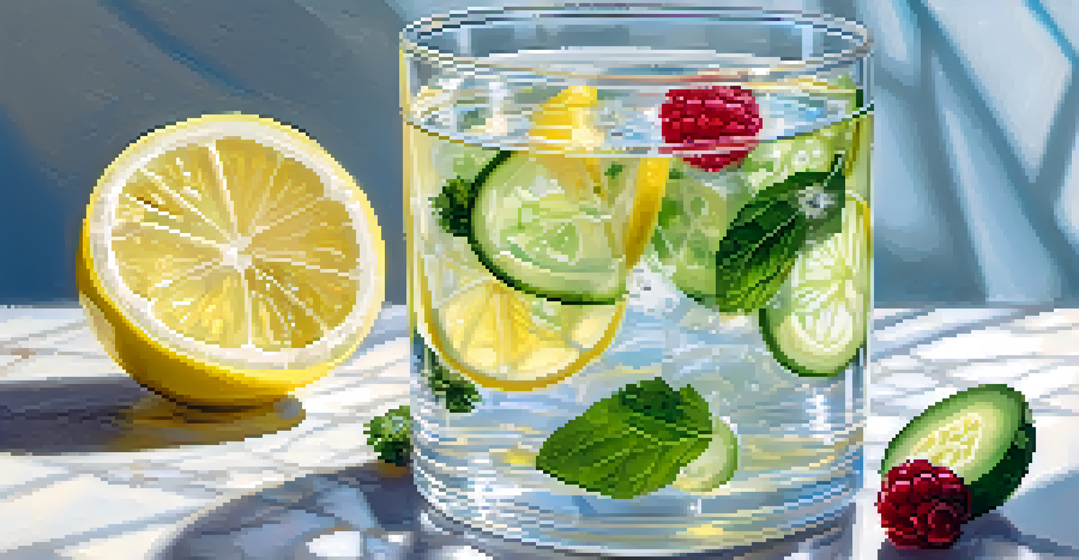 A glass of infused water with lemon, cucumber, and berries, placed on a marble surface, surrounded by fresh fruits.