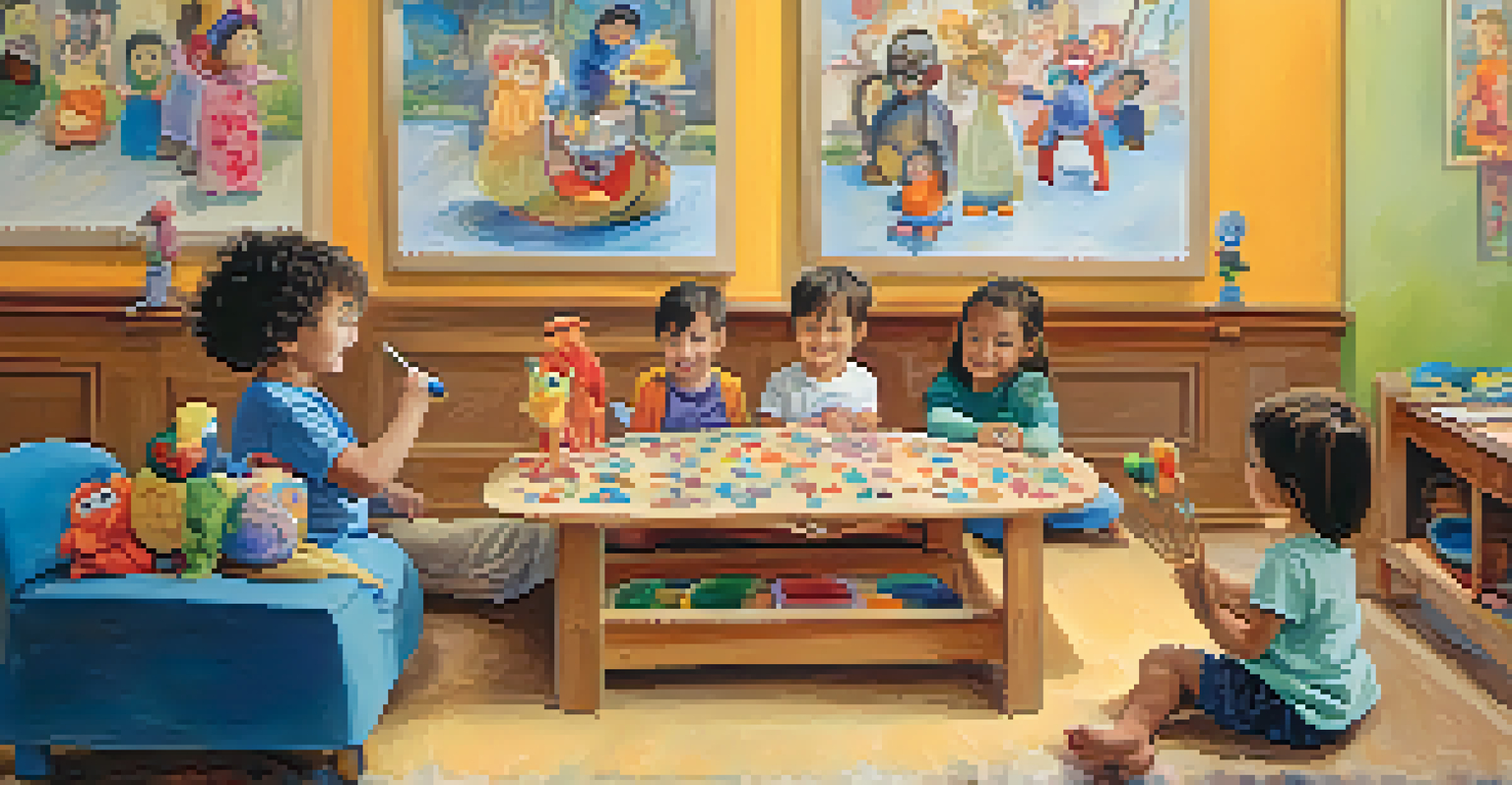 A child performing a puppet show during play therapy with a therapist observing, surrounded by colorful artwork.