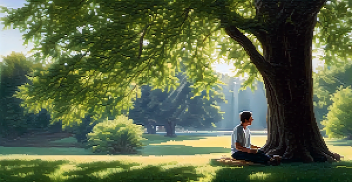 A person practicing deep breathing exercises under a tree, surrounded by sunlight and nature.