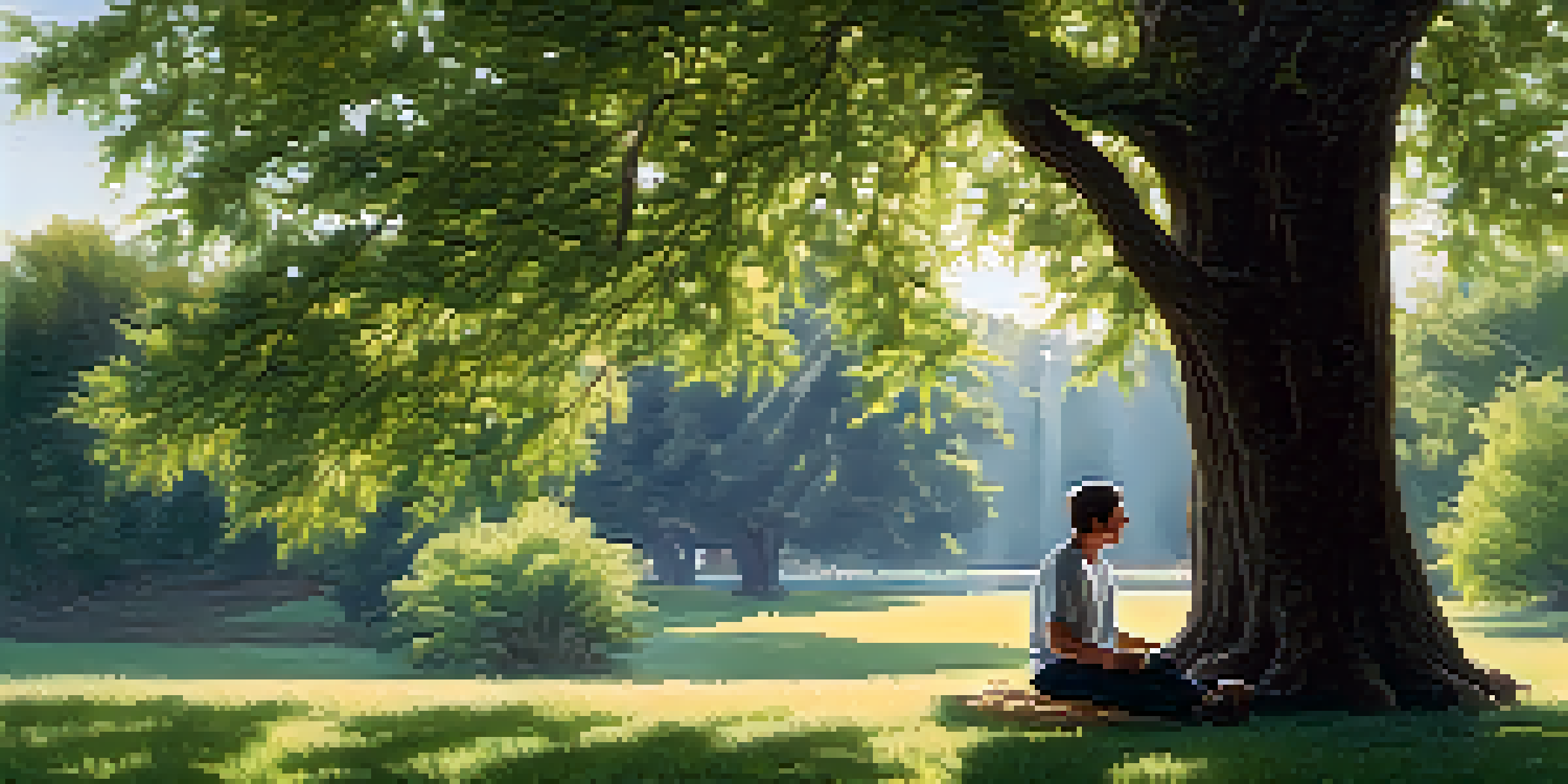 A person practicing deep breathing exercises under a tree, surrounded by sunlight and nature.