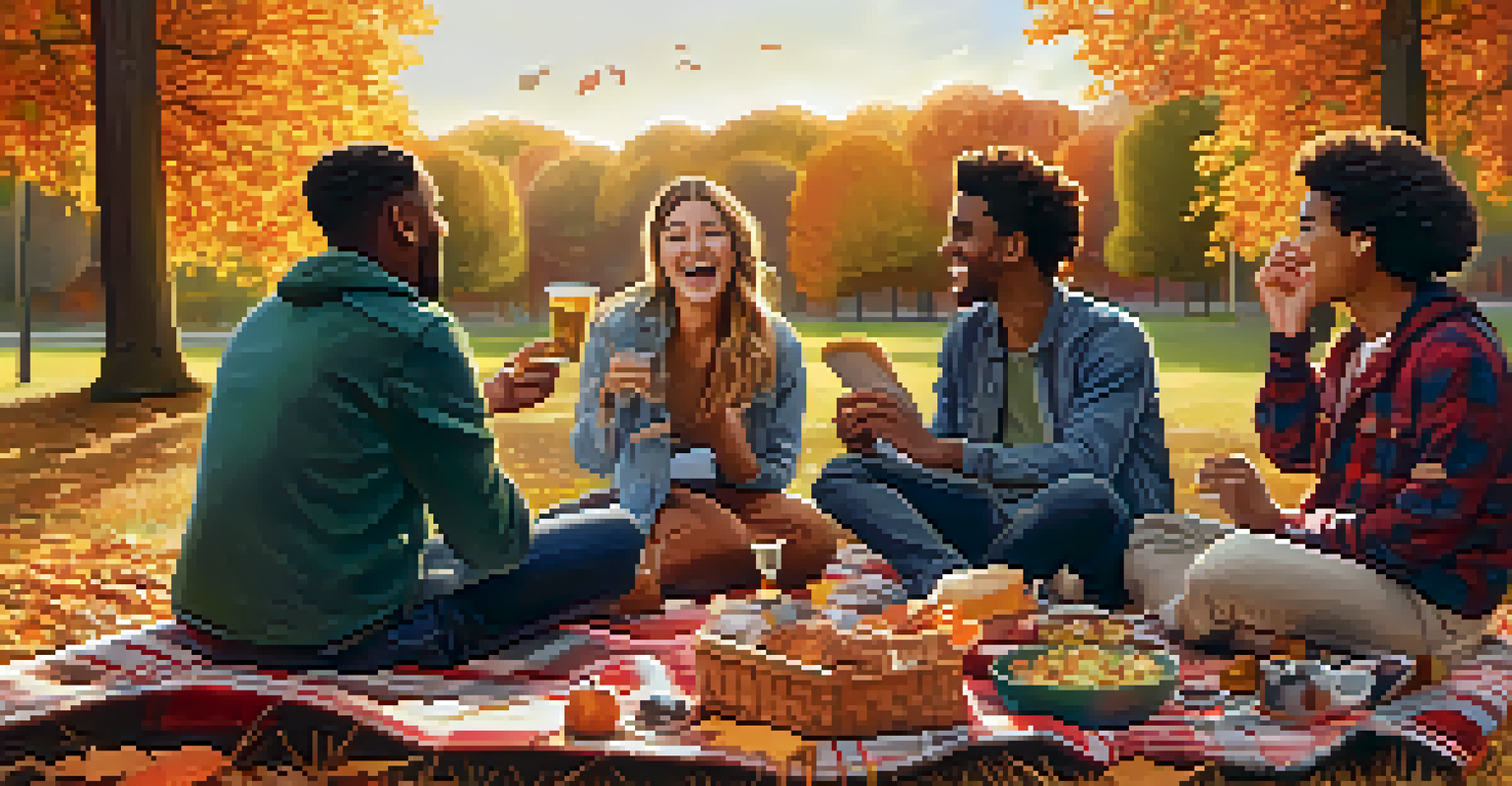 A group of friends enjoying a picnic in an autumn park, surrounded by colorful trees and a warm sunset glow.