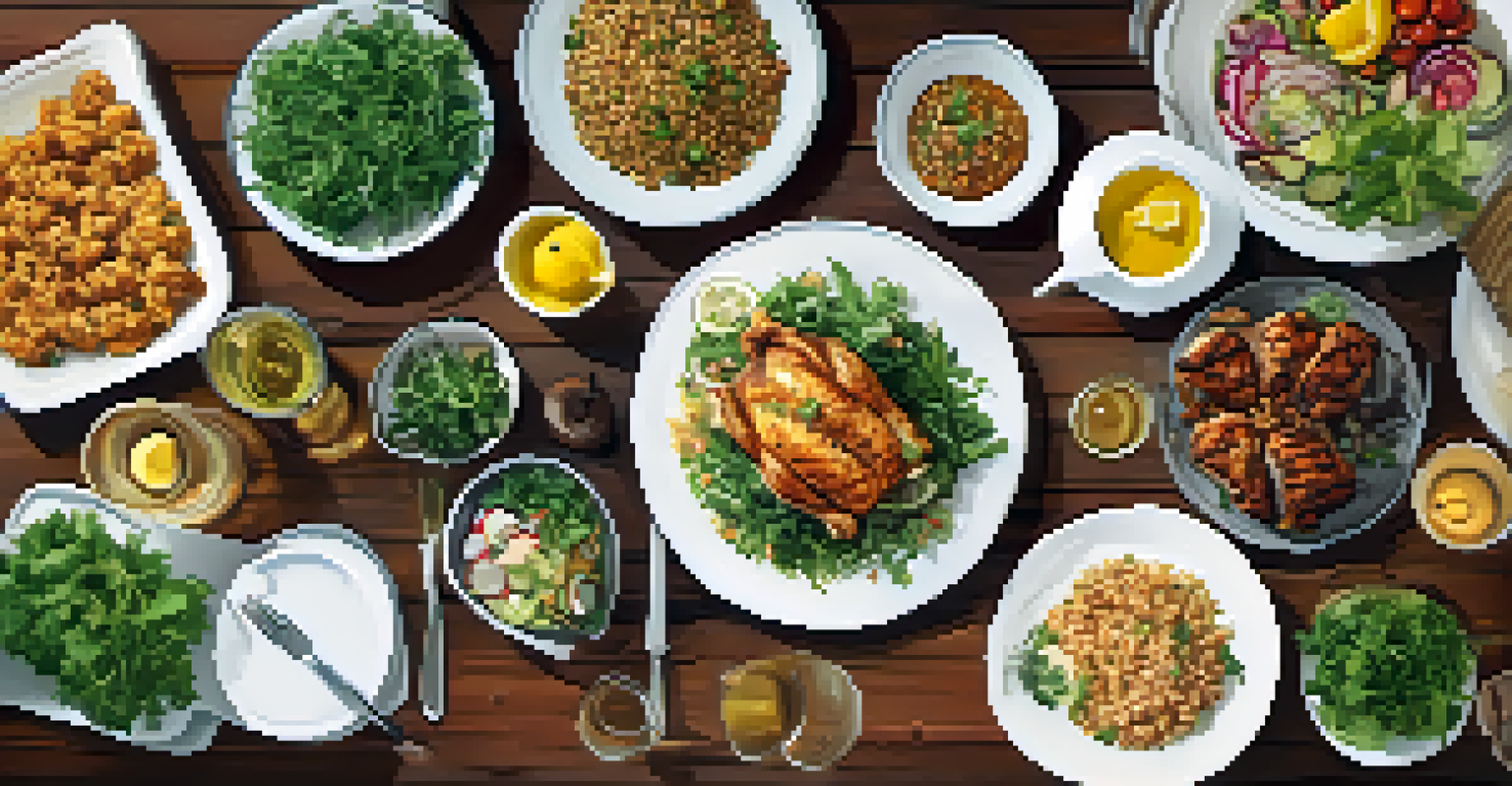 An overhead view of a beautifully arranged home-cooked meal on a rustic dining table, showcasing various dishes.