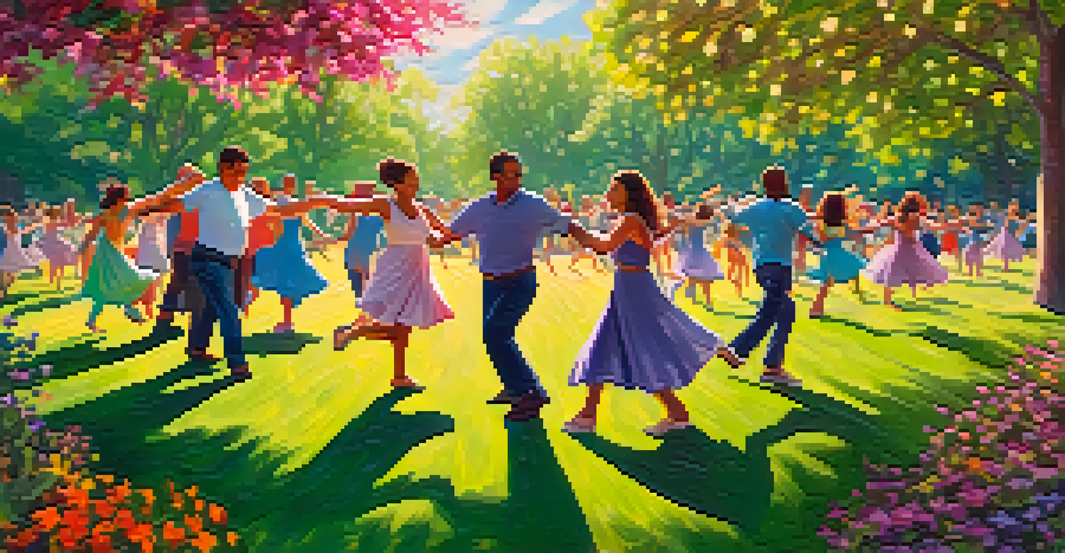 A group of individuals participating in an outdoor dance movement therapy session in a lush green park, expressing joy through movement.