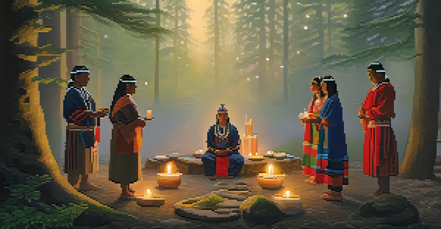 An Indigenous ceremony with participants in traditional attire, celebrating the transition from winter to spring in a forest setting.