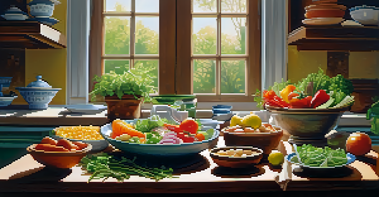 A kitchen table filled with fresh vegetables, lean proteins, and grains, with sunlight streaming in.