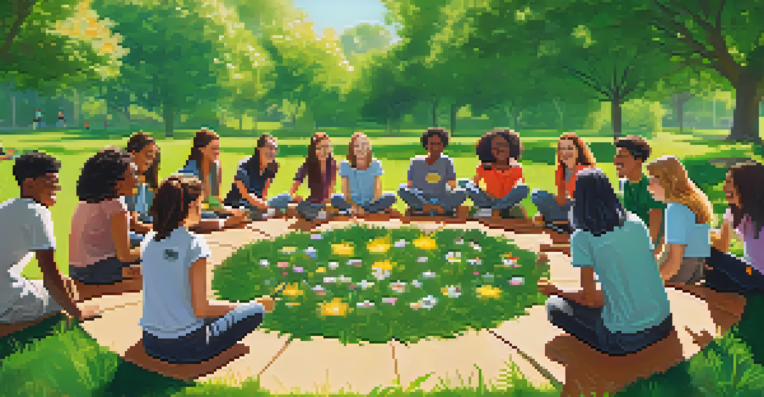 Teenagers participating in an outdoor resilience workshop in a park, surrounded by nature and engaging in team-building activities.