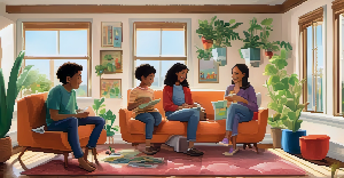 A family of four sitting in a cozy living room, discussing feelings and emotions, with bright natural light and colorful artwork on the walls.
