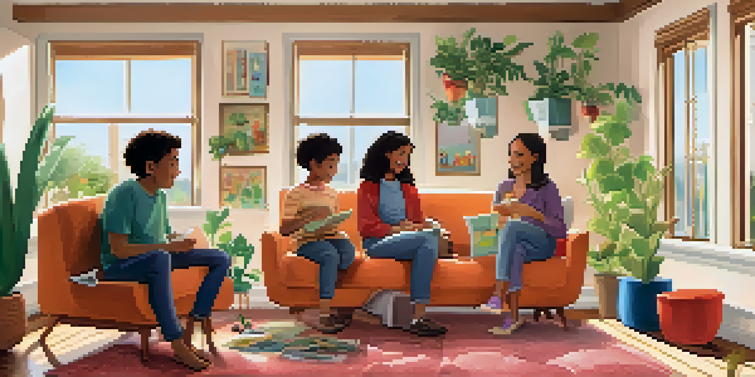 A family of four sitting in a cozy living room, discussing feelings and emotions, with bright natural light and colorful artwork on the walls.