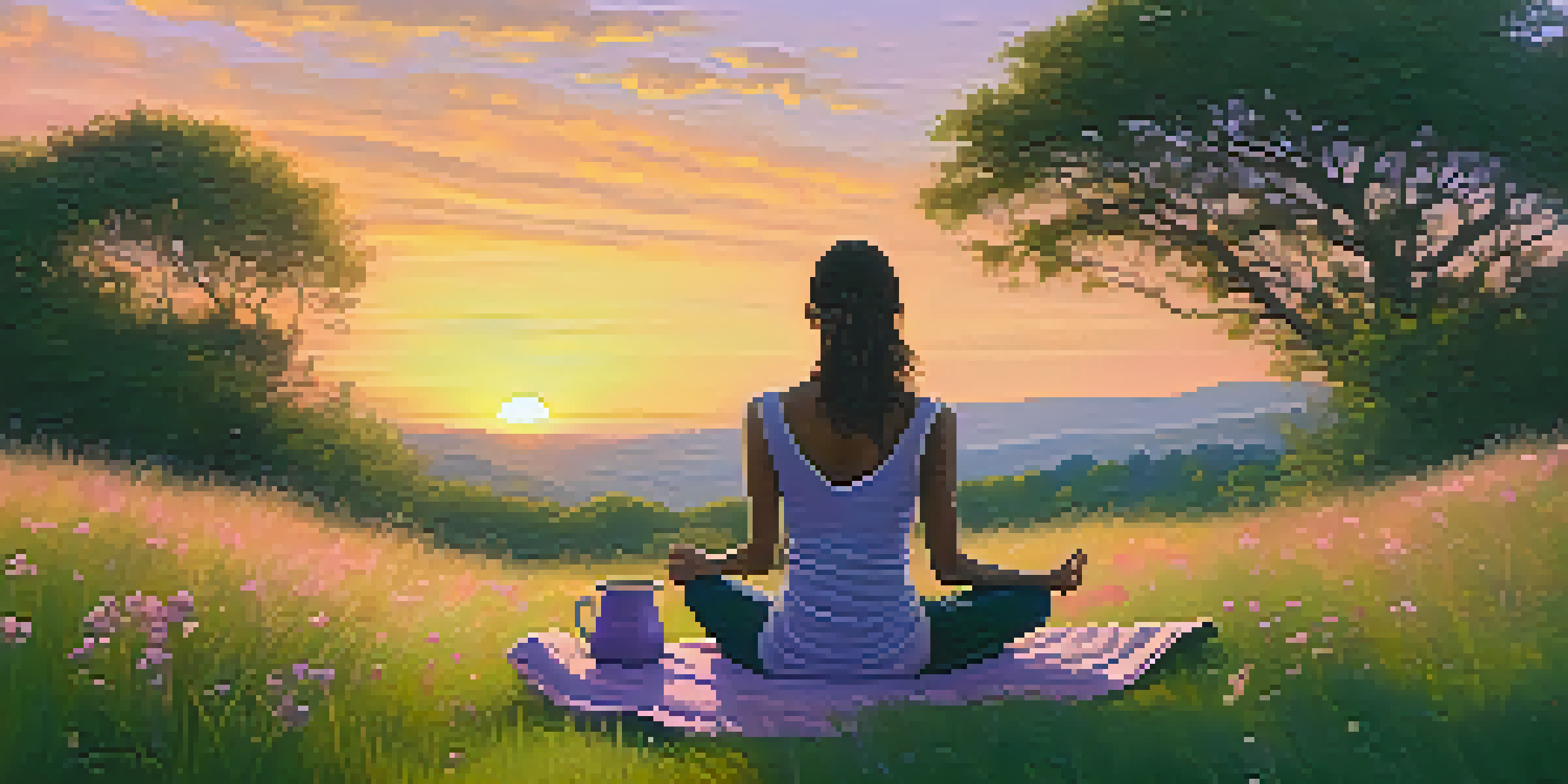 A person sitting cross-legged on a grassy hill at sunset, enjoying a cup of tea in a peaceful setting.