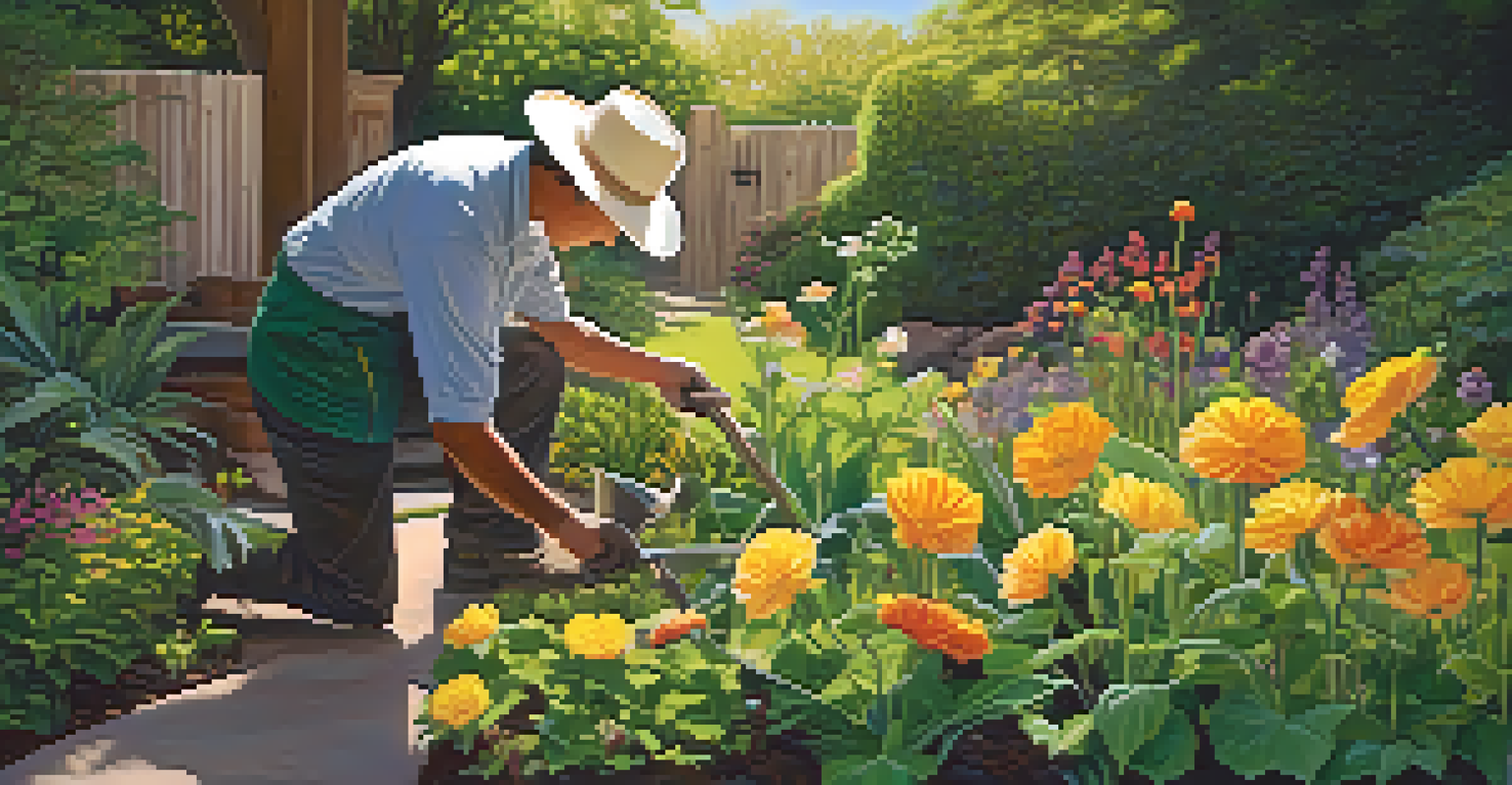 A gardener tending to a colorful flower garden, pulling out weeds and nurturing blooms, symbolizing the healing power of forgiveness.