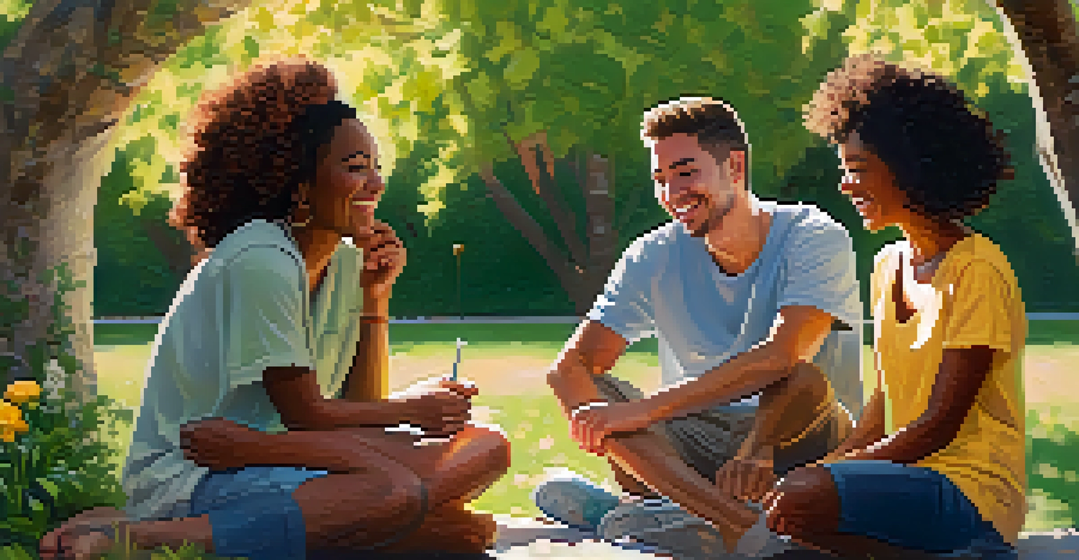 A diverse group of friends sitting together in a park, sharing laughter and conversation among blooming flowers.