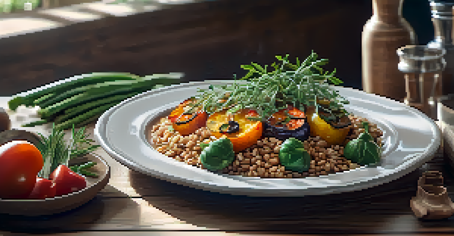 A beautifully plated dish of whole grains with roasted vegetables and herbs on a rustic table.