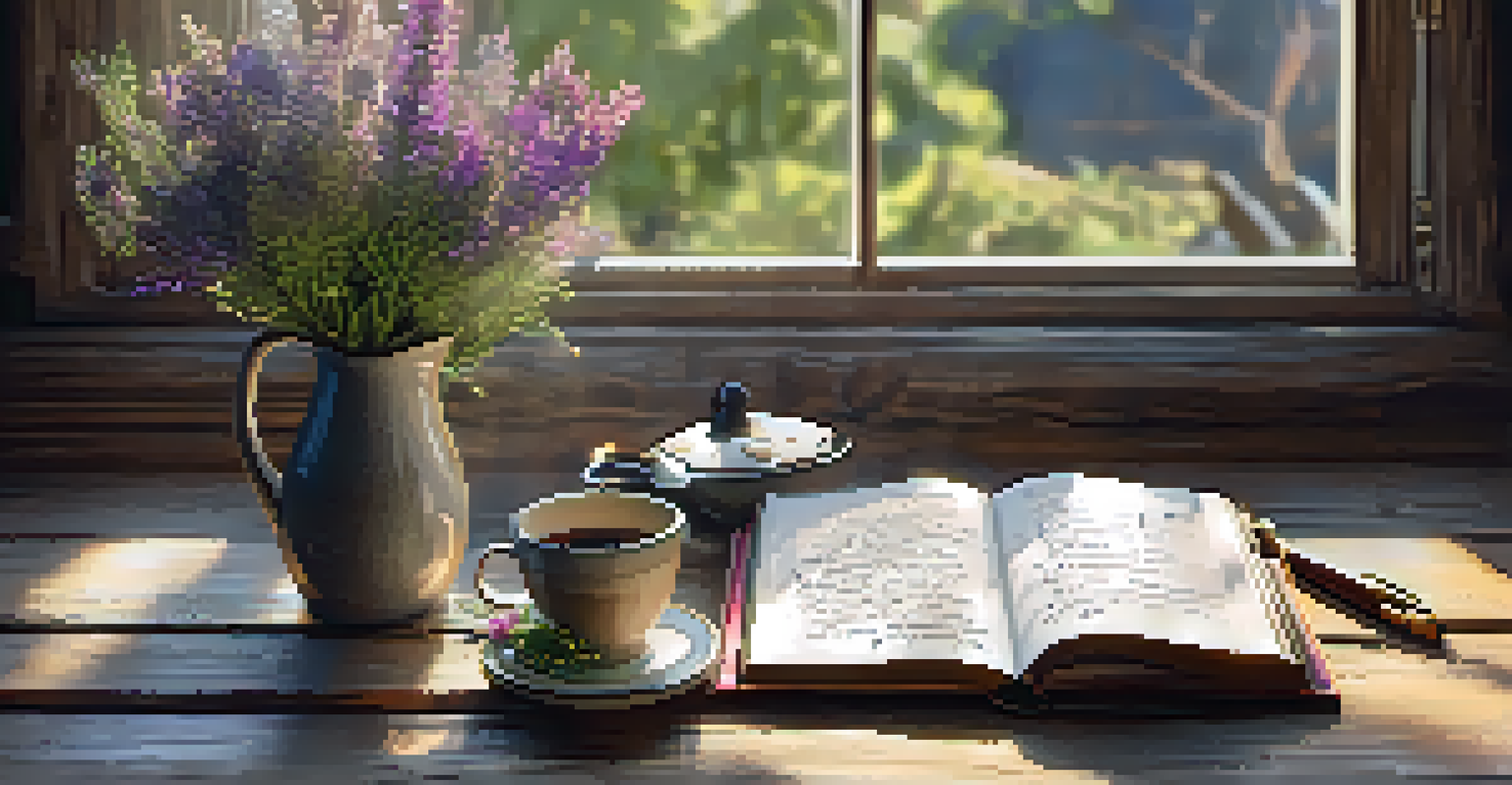 A gratitude journal with handwritten notes, a cup of tea, and flowers on a wooden table.