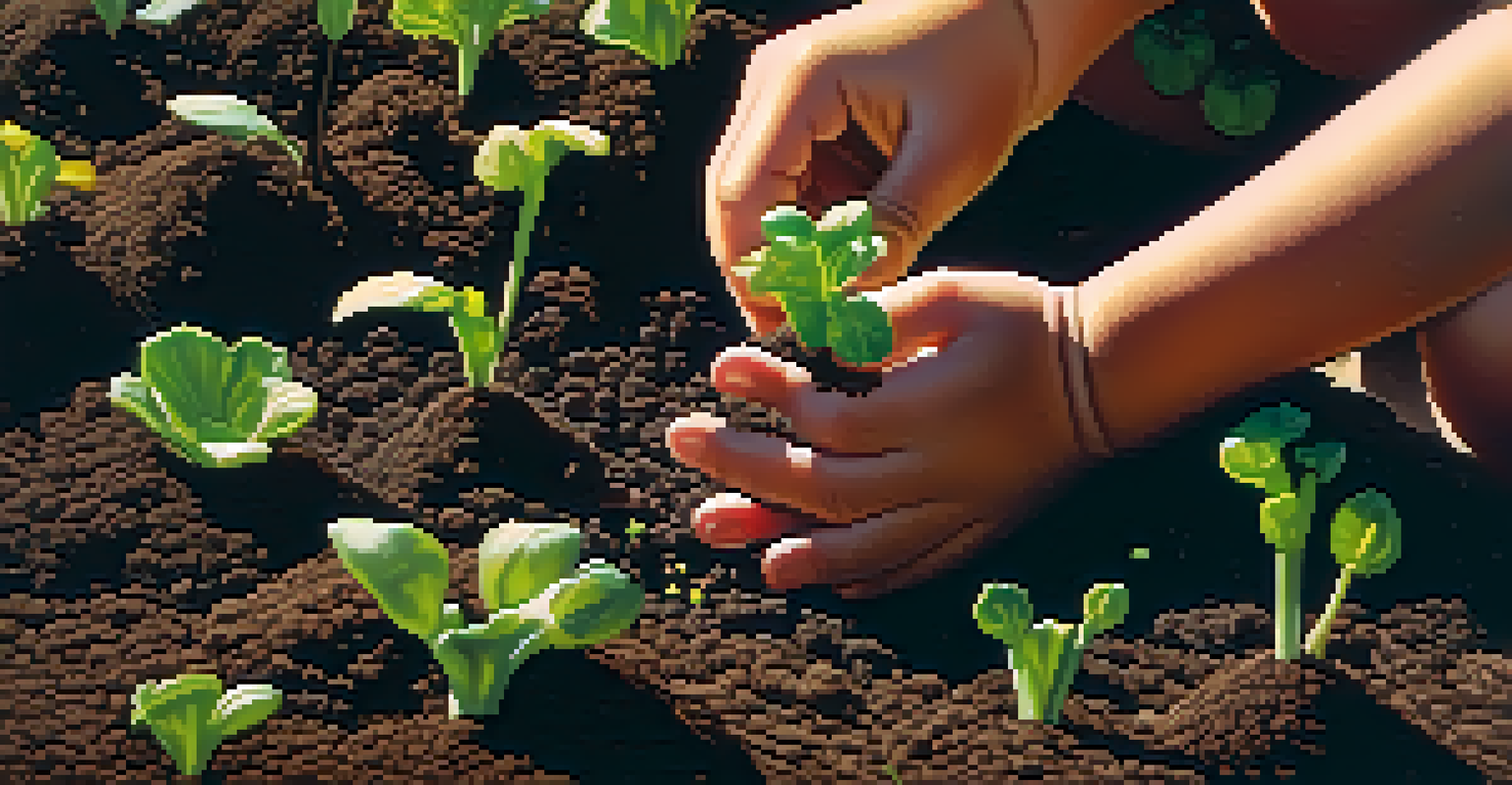 A child's hands planting seeds in dark soil in a community garden, with green sprouts emerging nearby and soft sunlight filtering through leaves.
