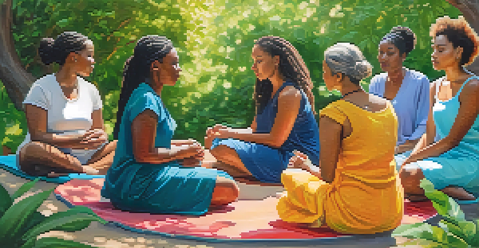 A diverse group of women sitting in a circle outdoors, engaged in a mindful discussion surrounded by nature.