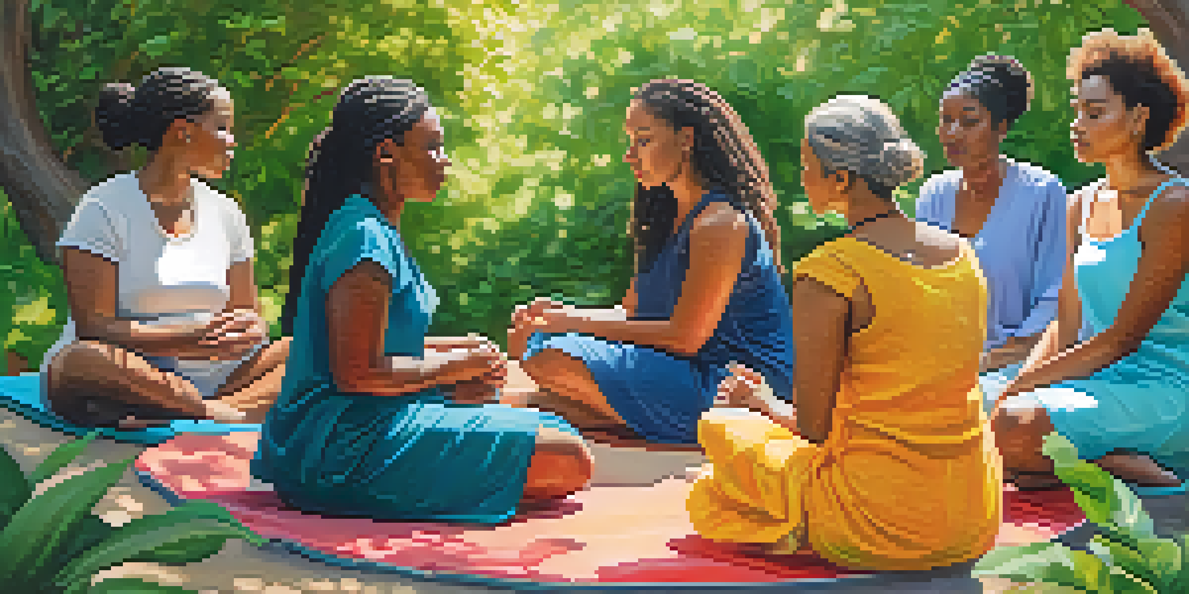 A diverse group of women sitting in a circle outdoors, engaged in a mindful discussion surrounded by nature.