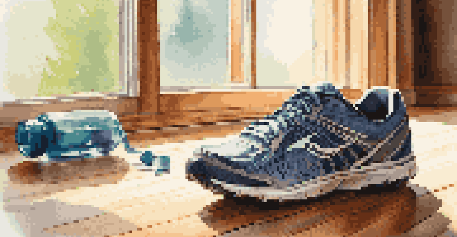 A close-up of running shoes on a wooden floor next to a water bottle and a fitness tracker, bathed in sunlight.