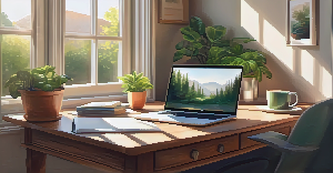 A peaceful home office with a wooden desk, laptop, and a cup of coffee, illuminated by sunlight from a window.
