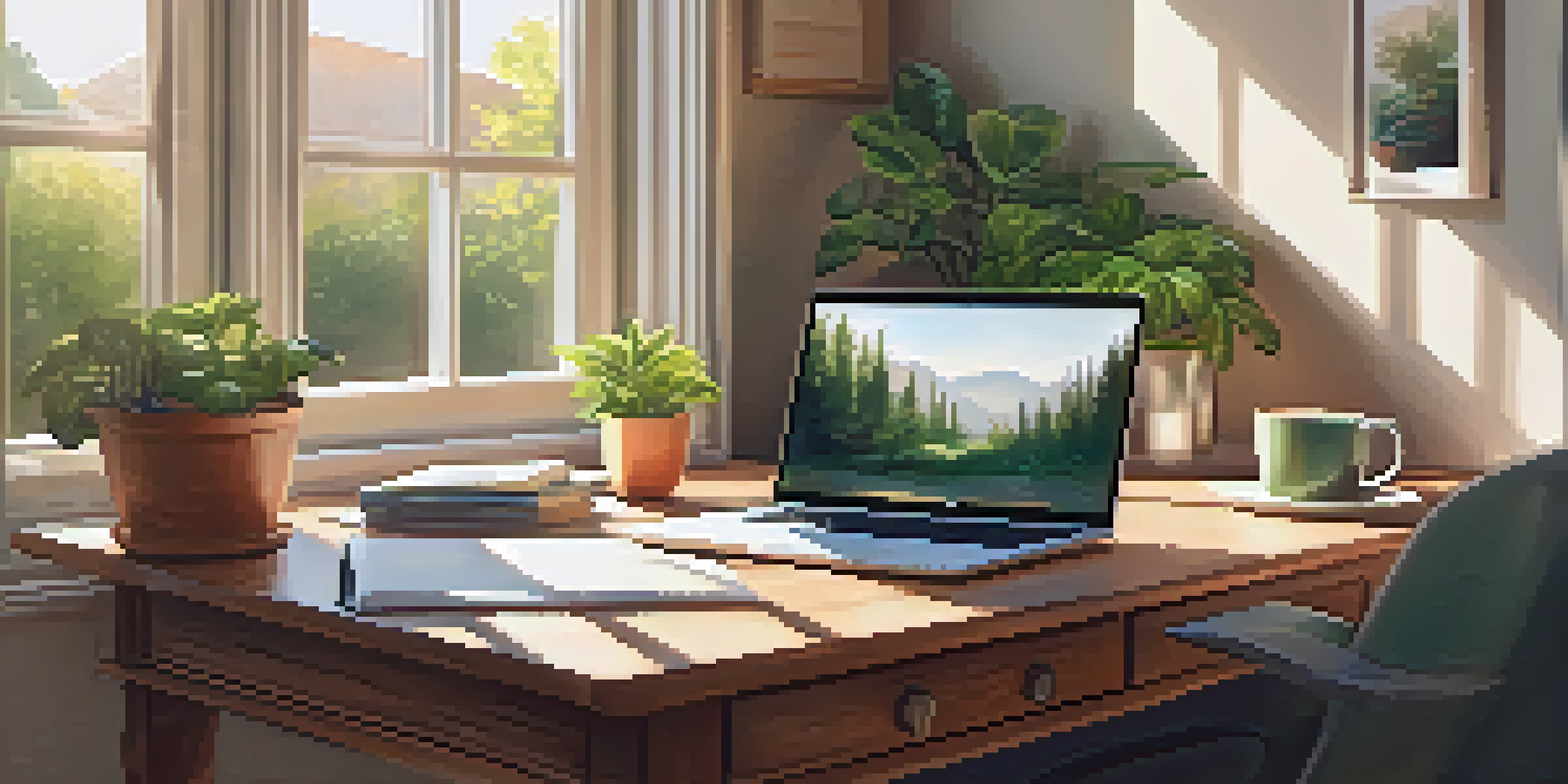 A peaceful home office with a wooden desk, laptop, and a cup of coffee, illuminated by sunlight from a window.