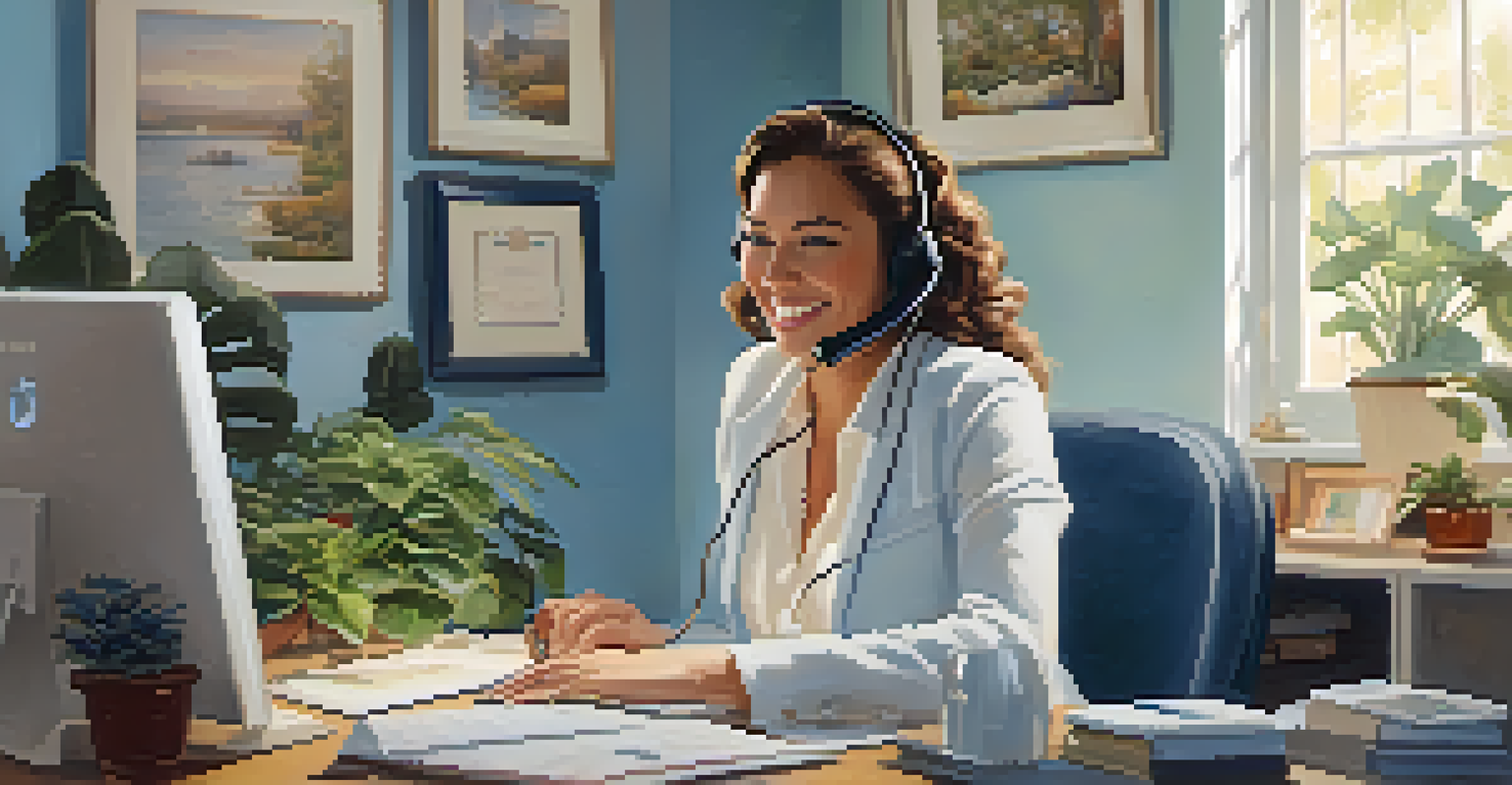 A customer service representative providing empathetic support to a customer over the phone in a cozy workspace.