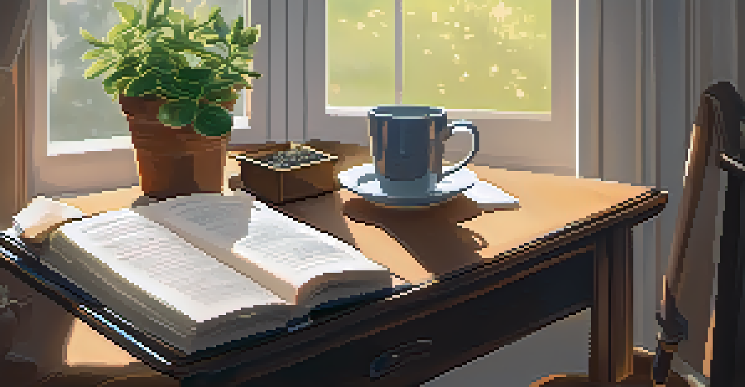 A cozy desk with a journal, herbal tea, and a plant, illuminated by warm natural light.