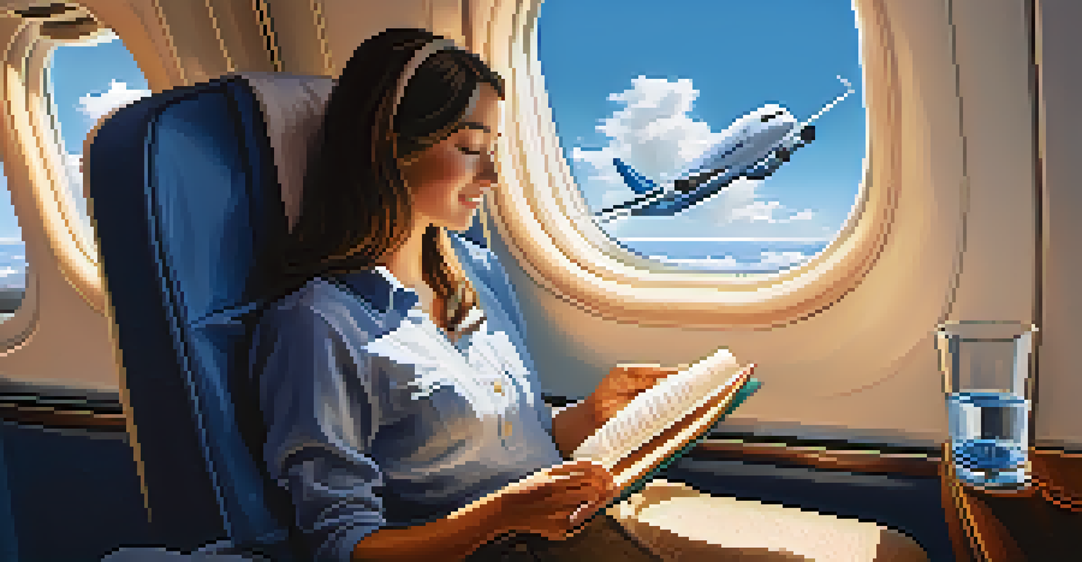 A passenger reading a book and drinking water in a cozy airplane cabin, with clouds visible outside the window.