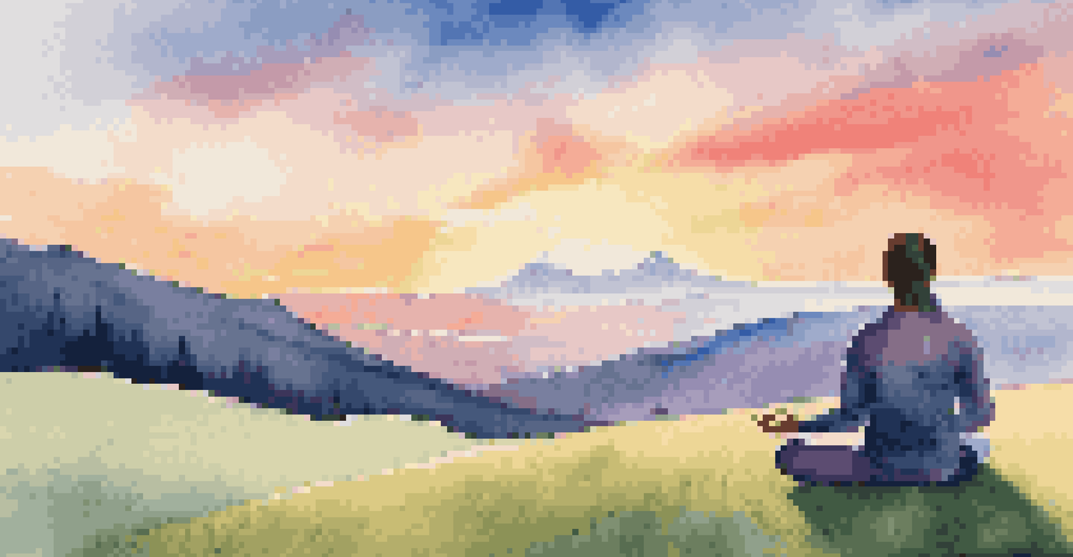 A person practicing yoga on a grassy hill at sunset, with mountains and a colorful sky in the background, emphasizing relaxation.