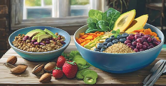 A beautifully arranged plant-based meal with fruits, vegetables, a smoothie bowl, quinoa salad, and veggie chips on a wooden table in natural light.