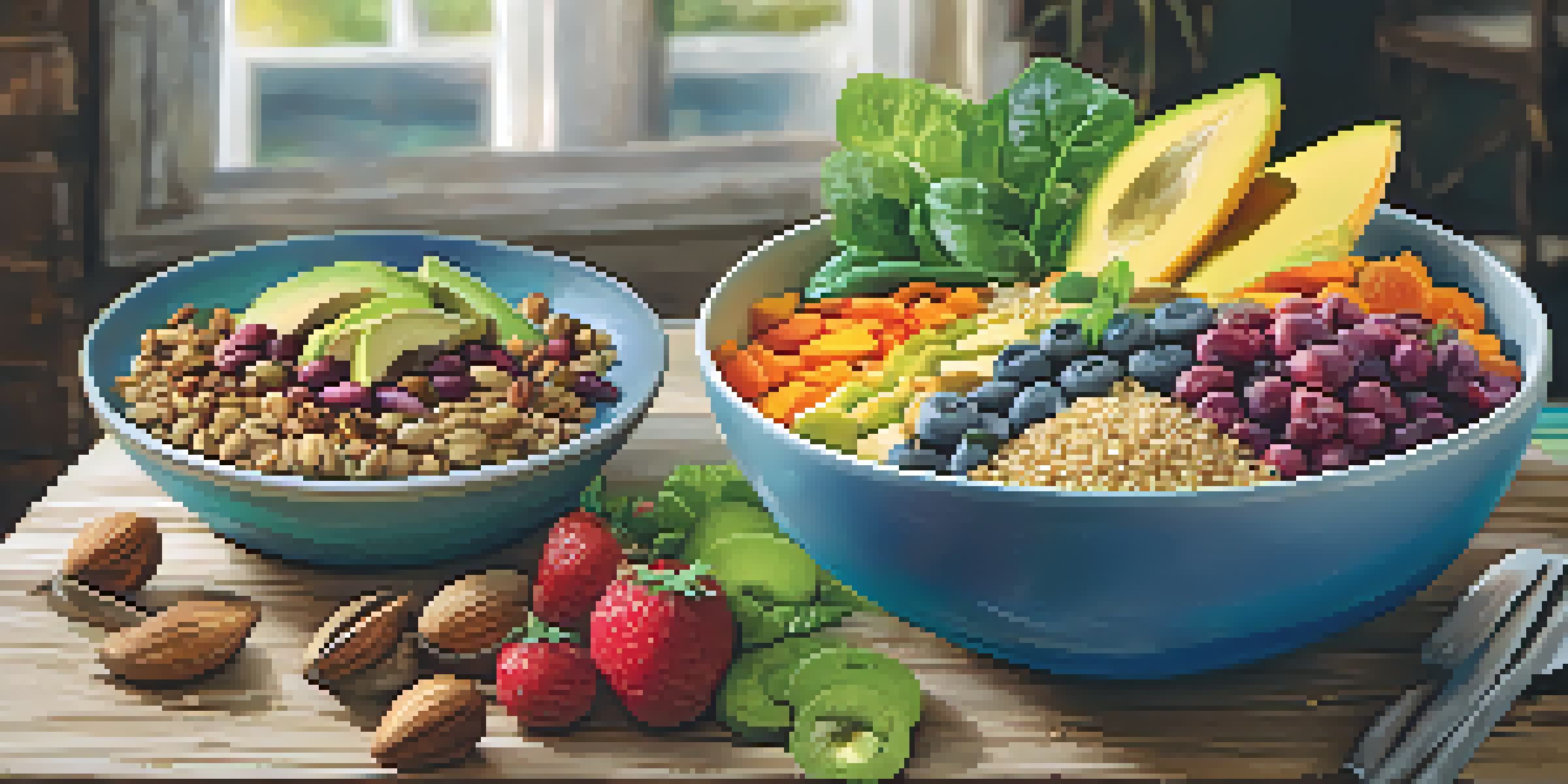 A beautifully arranged plant-based meal with fruits, vegetables, a smoothie bowl, quinoa salad, and veggie chips on a wooden table in natural light.