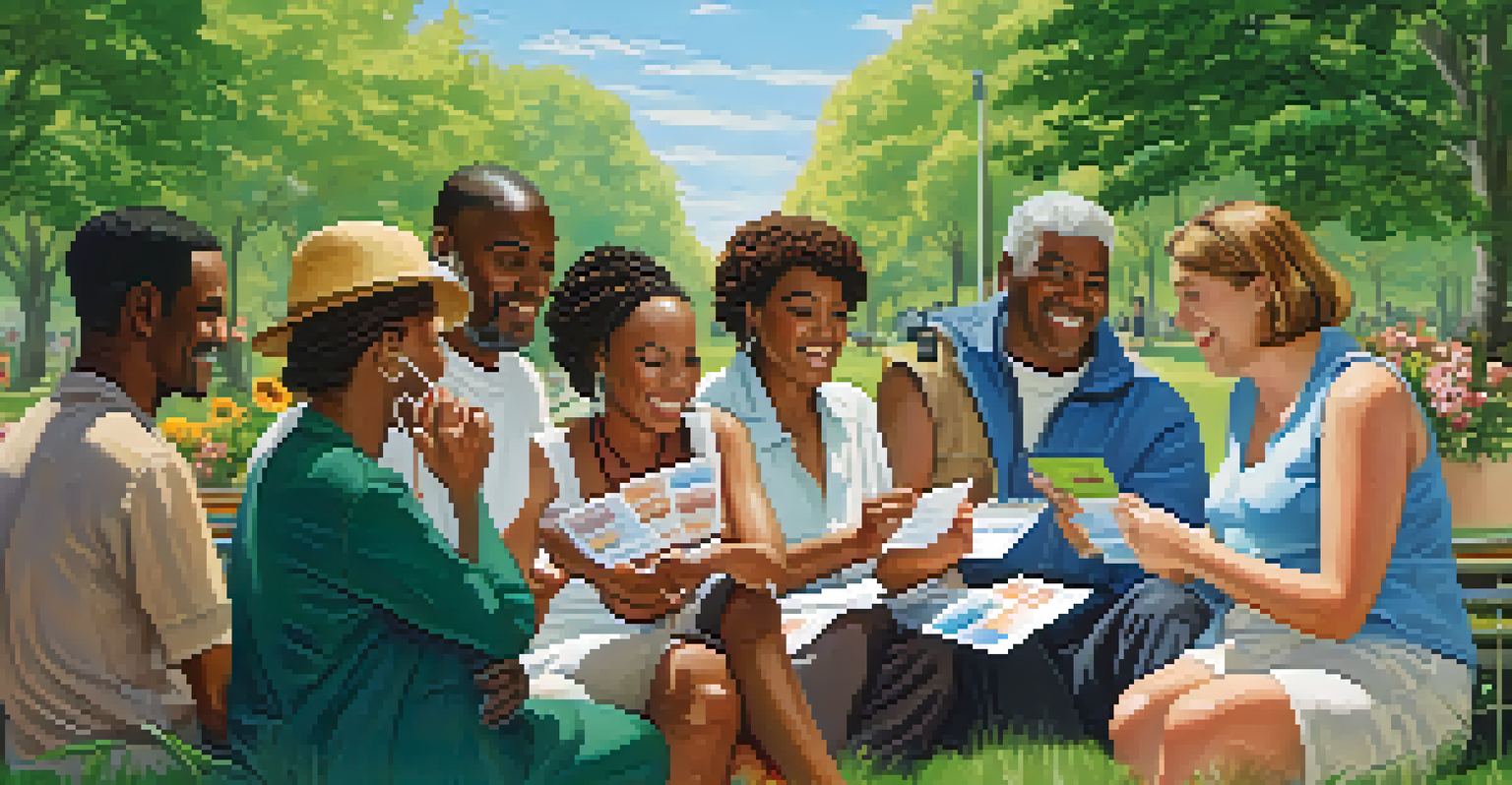 A diverse group of adults in a park showing their vaccination cards, surrounded by nature.