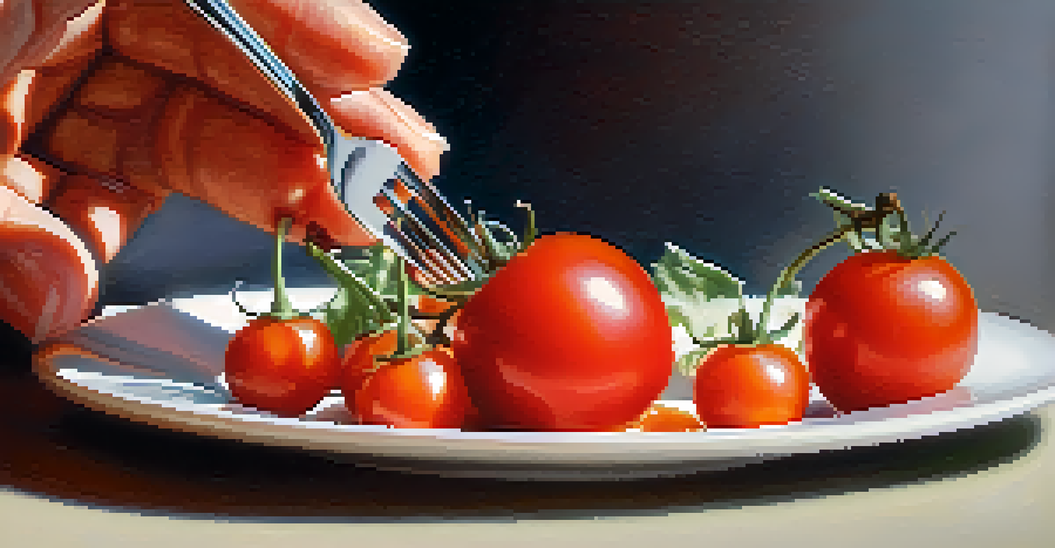 Close-up of a hand holding a fork with a cherry tomato, emphasizing the concept of savoring food.