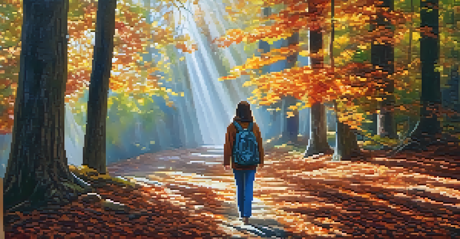 A person walking mindfully through a colorful autumn forest, enjoying the natural surroundings.