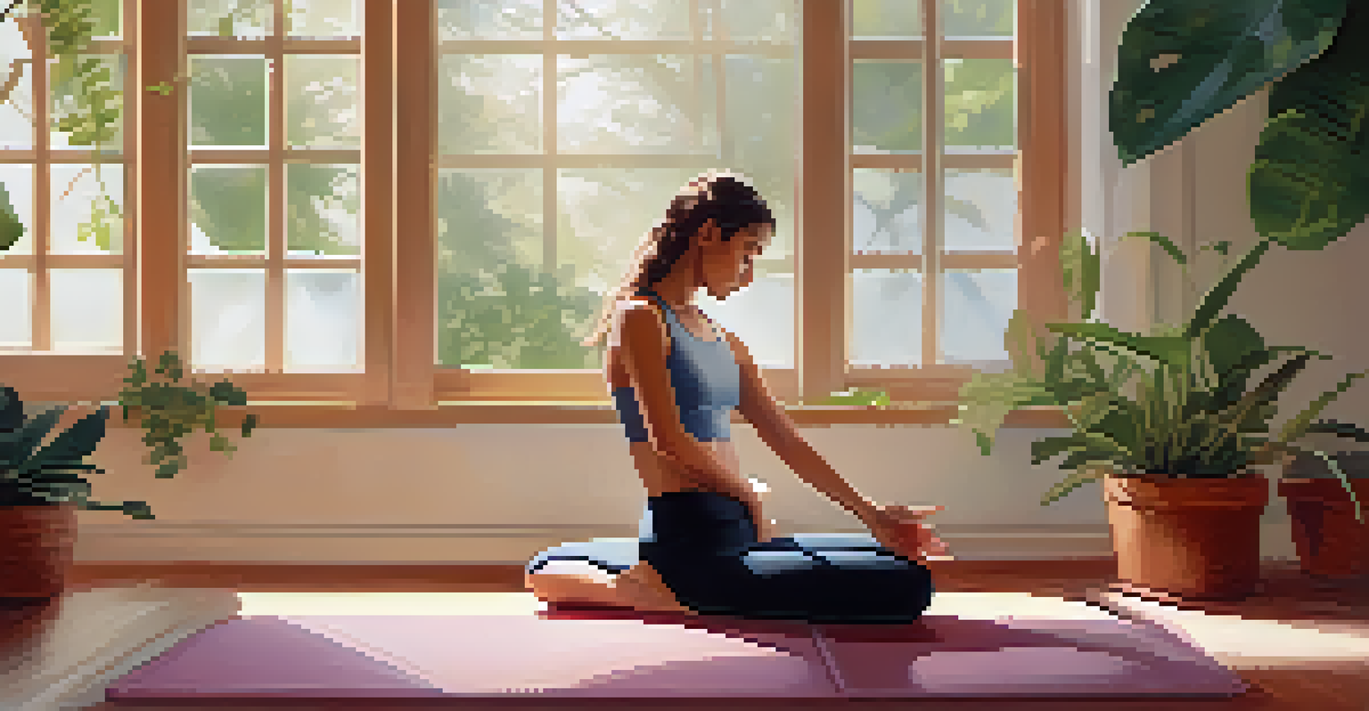 A student practicing a body scan technique on a yoga mat, surrounded by plants and soft textures, in a calm and peaceful setting.