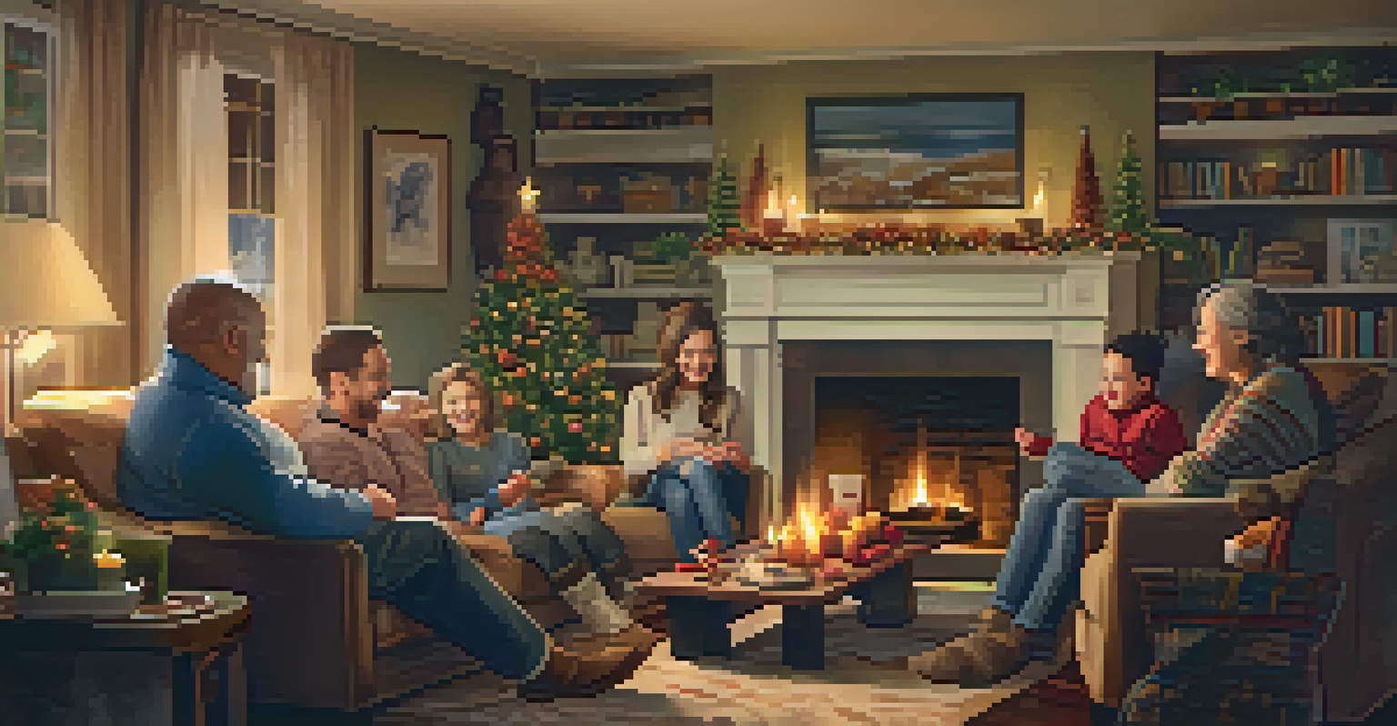 A multi-generational family gathered in a cozy living room, playing board games by a fireplace, surrounded by festive decorations and smiling faces.