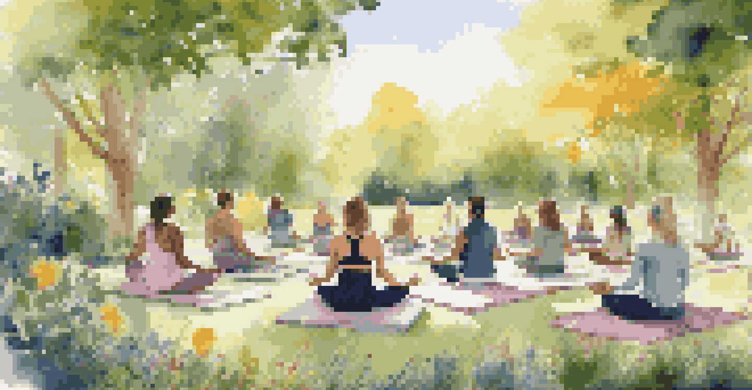 An outdoor sound bath with people seated on mats, enjoying a tranquil garden setting filled with sunlight and greenery.