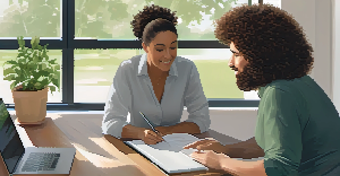 A wellness coaching session between a middle-aged woman and a young man in a bright room filled with plants and natural light.