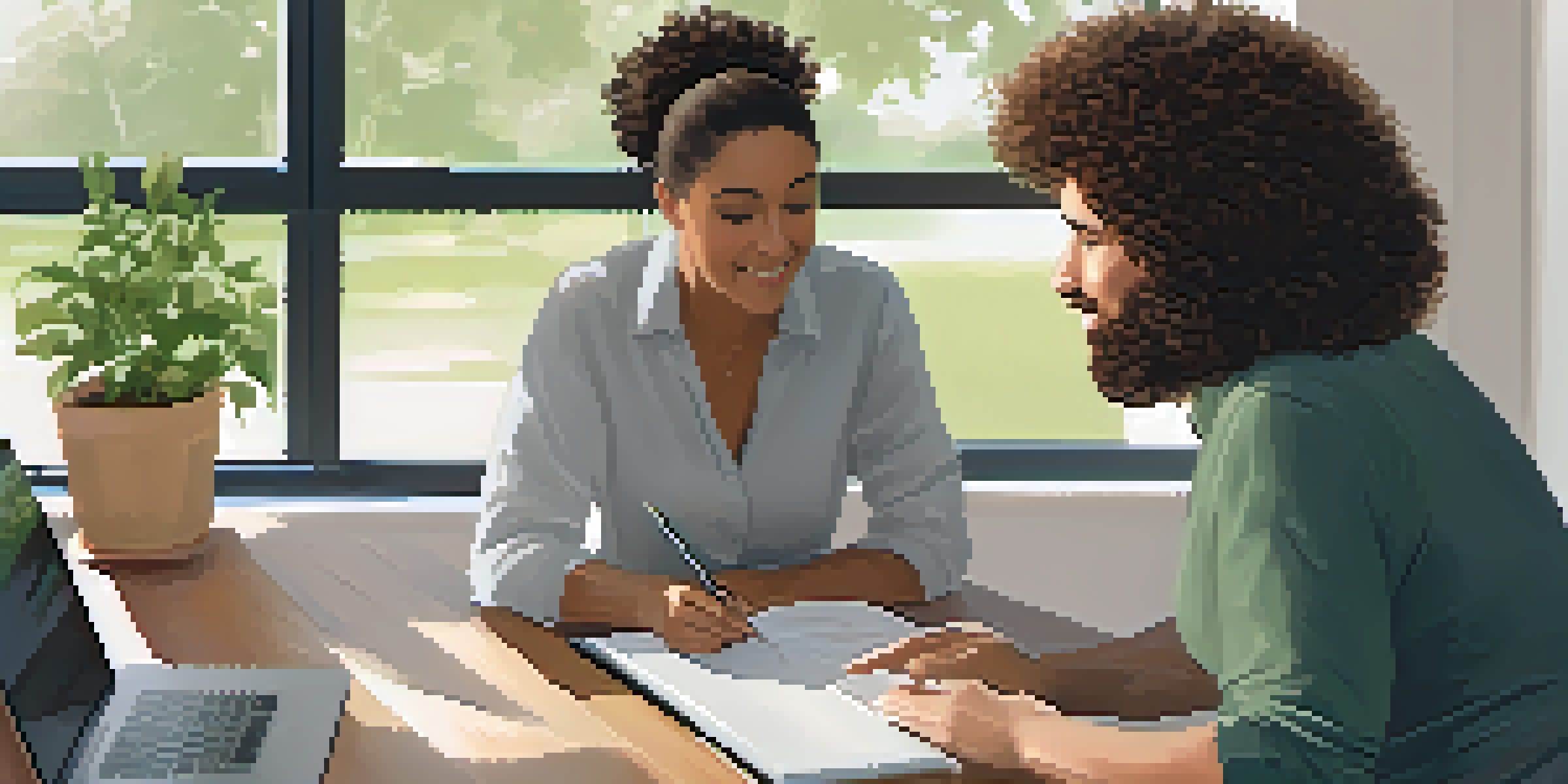 A wellness coaching session between a middle-aged woman and a young man in a bright room filled with plants and natural light.
