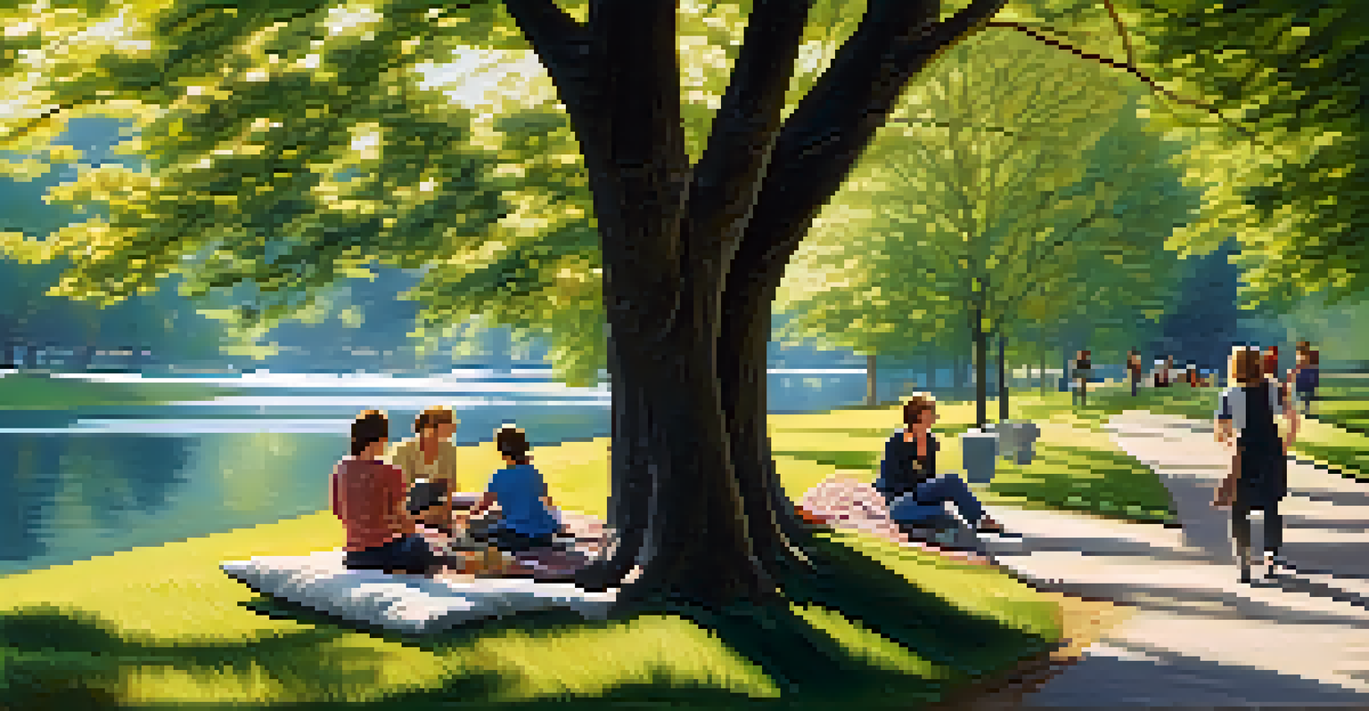 A person stretching in a park with sunlight filtering through trees, surrounded by people enjoying the outdoors.