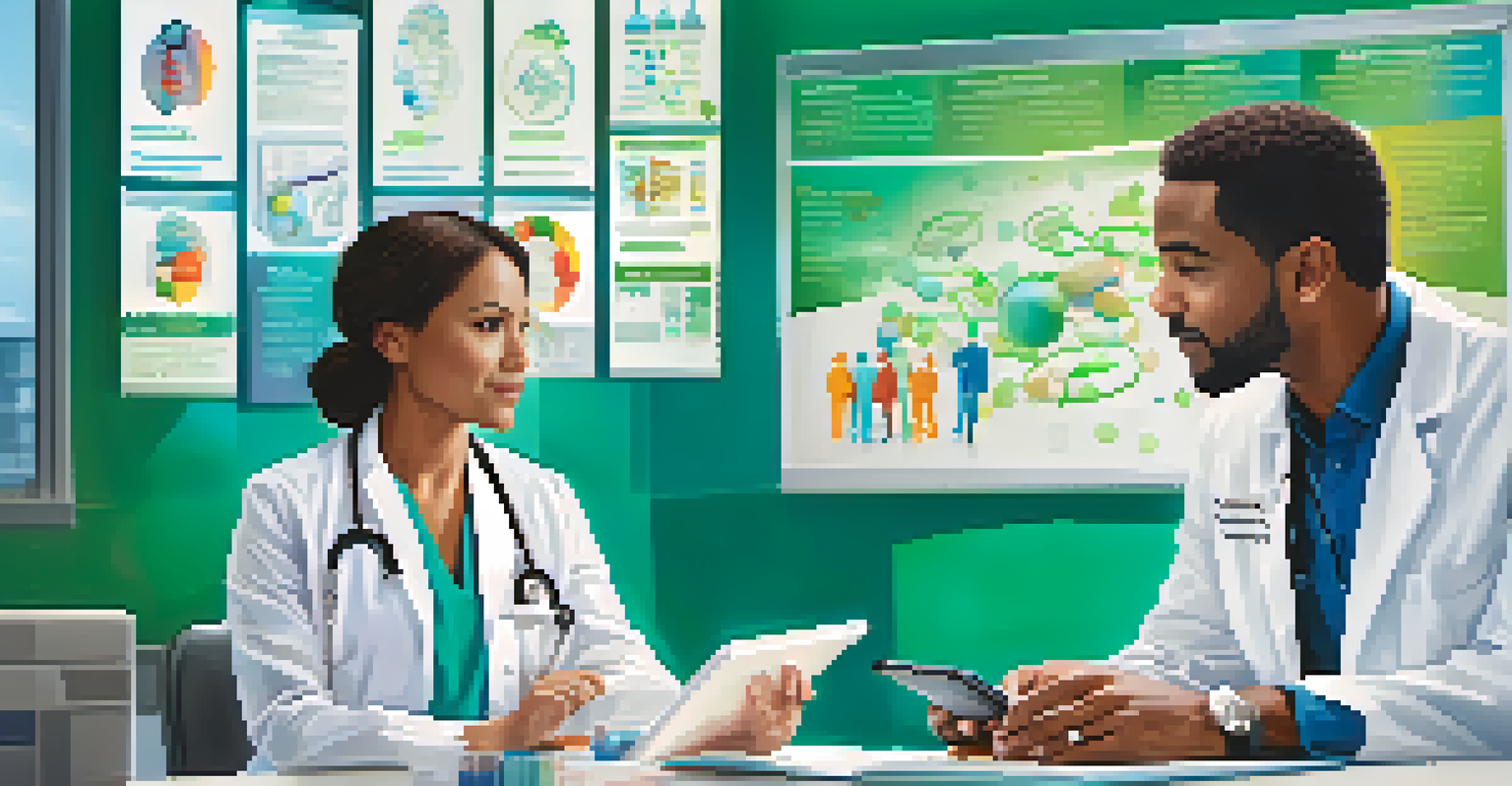 A healthcare professional explaining genetic testing to a patient in a modern clinic, with a digital tablet showing a DNA strand.