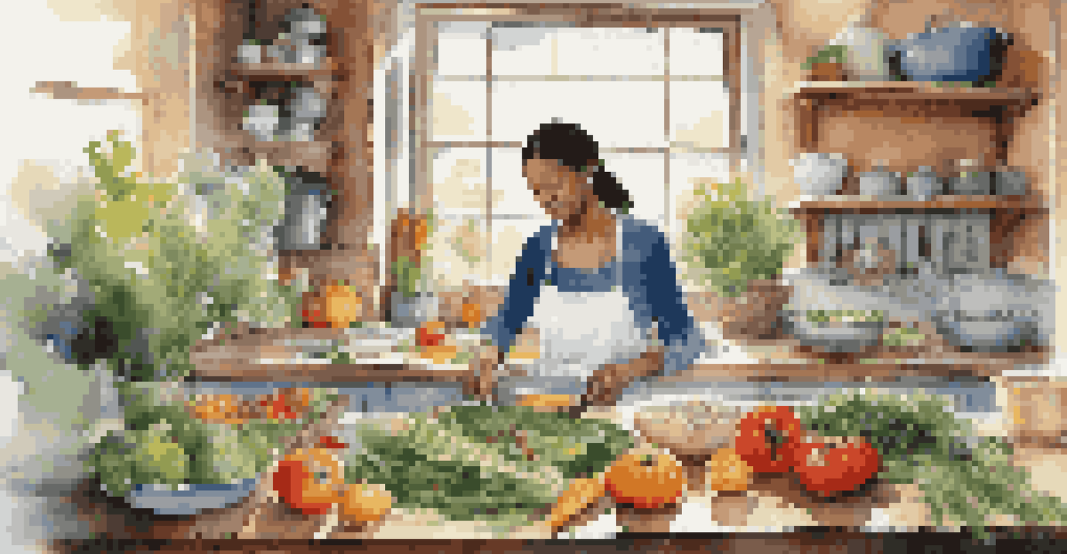 A person cooking in a bright kitchen, surrounded by fresh vegetables and herbs, with sunlight illuminating the space.