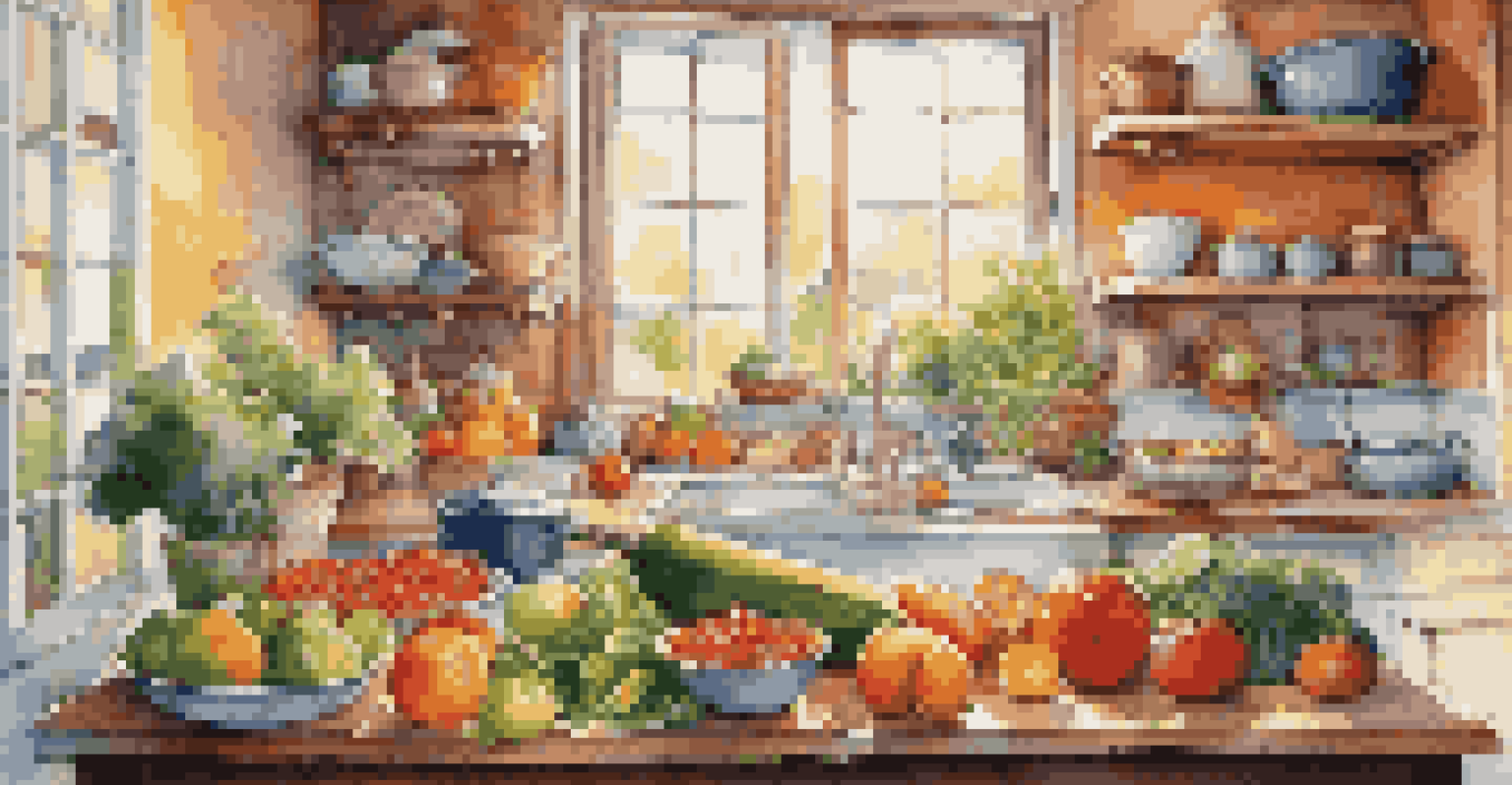 A person smiling while preparing a healthy meal in a sunlit kitchen filled with fresh fruits and vegetables.