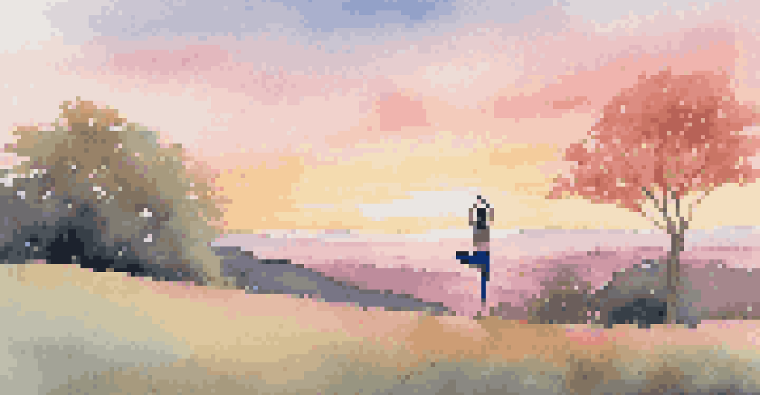 A person practicing yoga at sunrise on a hilltop, with colorful skies and nature surrounding them.